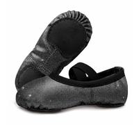 GroYolan Glitter Ballet Shoes for Girls Leather Dance Slippers Soft Split Sole Ballet Flats with Cross Elastic Straps for Toddler Kids, Smooth Finish Wipe-Clean Black