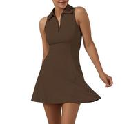 GroYolan Tennis Dress for Women Polo Golf Dresses with Shorts 12 Pockets Sleeveless Athletic Sport Outfit Zip Up Workout Dress Brown
