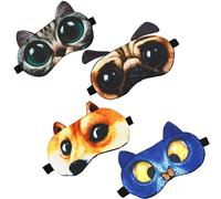 GRPSKCOS Kids Sleep Mask, 4 Pack Cute Animal Cat Dog Funny Sleep Eye Mask for Sleeping Soft Plush Blindfold with Adjustable Strap for Kids Adults Travel Naps Shift Works Games(#1 Style A- 4 Pack)