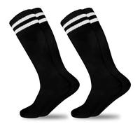 GRPSKCOS Kids Soccer Socks, 2 Pairs Sports Girls Boys Football Knee High Tube Socks Toddler Stripes School Uniform Stockings（#3 Black，6-12 Years
