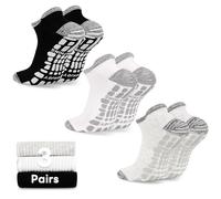 GRPSKCOS Mens Grip Socks 3 Pairs Non Slip Socks for Mens Pilates Yoga Hospital House Sock（02 Black+White+Grey, 5-8