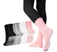 GRPSKCOS Non Slip Yoga Socks 4 Pairs Women Pilates Grip Socks for Yoga Barre Home Workout Hospital Size 3-8(#1 Black+White+Grey+Pink, 3-8)