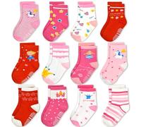 GRPSKCOS Toddler Girls Socks, 12 Pack Non Slip Crew Socks with Grips for 1-7 Years Kids（Crown Star, 3-5 Years