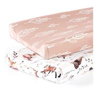 GRSSDER Stretch Ultra Soft Jersey Knit Changing Pad Cover Set 2 Pack, Change Table Pad Covers Fit 32"/34" x 16" Pads Safe and Snug, Cute Diaper Change Table Sheets for Girls, Fox Pattern for Baby