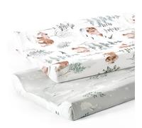 GRSSDER Stretch Ultra Soft Jersey Knit Changing Pad Cover Set 2 Pack, Change Table Pad Covers Fit 32"/34" x 16" Pads Safe and Snug, Pretty Pattern for Boys and Girls, Bear and Wolf Print