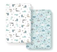 GRSSDER Stretchy Ultra Soft Jersey Knit Fitted Pack n Play Sheets Set 2 Pack, Portable/Mini Crib Sheets for Boys, Universal Fit for Pack N Plays Safe and Snug, Happy Dinosaurs for Baby