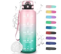 Grsta Drinking Bottle, 1.5 Litres, Sports Water Bottle with Filter, Gym Water Bottle with Time Marking, Can Be Carried, Leak-Proof, for Camping, Hiking, Pink-Cyan