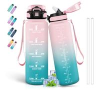 Grsta Drinking Bottle, 1 Litre Sports Water Bottle with Straw, Leak-Proof Drinking Bottle with Motivational Slogan, Water Bottle with Time Marking, for Fitness, Camping, Yoga, Pink-Cyan