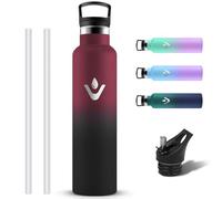 Grsta Stainless Steel Drinking Bottle, 1 Litre with Straw, Leak-Proof Insulated Water Bottle with 2 Lids, BPA-Free Thermos Flask, Carbonated Thermos Flask, Suitable for Fitness, Gym, Hiking