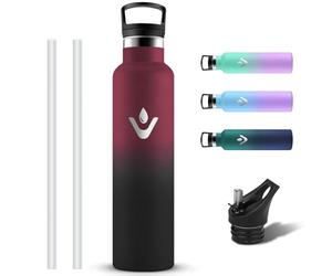 Grsta Stainless Steel Drinking Bottle, 1 Litre with Straw, Leak-Proof Insulated Water Bottle with 2 Lids, BPA-Free Thermos Flask, Carbonated Thermos Flask, Suitable for Fitness, Gym, Hiking