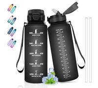 Grsta Water Bottle 1 5 Litres, Sports Water Bottle with Time Marking, Drinking Bottle with Straw, Easy to Clean, Drinking Bottle for Carbonated Drinks, Leak-Proof, for Hiking, Yoga, Black