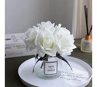 grtefhu Artificial Flowers with White Roses in Vase, Fake Flowers in Glass Jar with Ribbon, Silk Flower Arrangements in Vase with Artificial Flowers for Home Dining Table Decor.