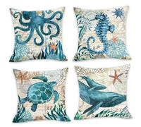 Grtheenumb Beach Pillow Covers| 4PCS Nautical Pillow Covers 18x18 Inch, Mediterranean Style Coastal, Turtle Octopus Whale Seahorse Square Throw for Couch Patio Sofa Bed Chair