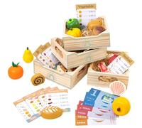 Grtheenumb Kitchen Toys, Wooden Play Food Set 4-Type Cute Food in Basket Wooden Kitchen Toys Imaginary Buying & Selling Montessori for Girls Boys 3+