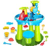 Grtheenumb Sand and Water Table, Kids Water Table, 3 in 1 and Sand Play with Animals Molds, Scoop, Trowel, Hand Rake, Bucket, Bench and More for Summer Beach Pool Backyard Toys