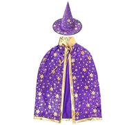 Grtheenumb Wizard Costume for Kids Wizard Cloak and Hat Set with Star Print 31.5" One Size Cape, Halloween Costumes Role Play Outfits for Boys, Girls Suit For 35.5-55" Height Magician Costume Kids