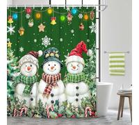 Grtuspr Merry Christmas Snowman Shower Curtain Sets, Watercolor Cute Snowman Xmas Tree Snowflake Green Bathroom Curtain, Happy New Year Holiday Winter Snowmen Polyester Fabric Shower Curtains