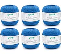 Gründl Crochet Yarn 100 uni (Mercerised Cotton Yarn for Crocheting Made of 100% Cotton, 100 g / 566 m, Needle Size: 1.5-2, 6 x 100 g), Royal Blue