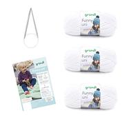 Gründl Funny Plain Wool - Soft Chenille Wool with Needle and Instructions for a Baby Blanket - Cuddly and Skin-Friendly - 100% Polyester - 3 Balls 100 g / 120 m - Needle Size 5-6, White