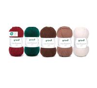 Gründl Wolle Lisa Premium Plain - Yarn for Knitting - Knitting Yarn - Crochet Yarn - Soft and Skin Friendly - 100% Polyacrylic 5 Balls 50 g / 133 m - Needle Size 3.5-4.5 - White/Brown-Bordeaux Green