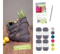 Gründl Wool Cotton Quick Plain - Thin Wool for Crocheting - Crochet Yarn for a Shopping Net with Instructions and Needle - Shiny and Skin Friendly - 100% Cotton - 4 Balls 50 g / 125 m - Mouse Grey