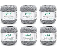 Gründl Wool Crochet Yarn 100 100% Cotton 6 x 100g Balls Needle Size 1.5-2 6 100g / 566m Thin Yarn for Crochet Light Grey