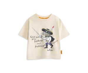 Gruffalo The Highway Rat Kids Beige Graphic Tee | Short Sleeve Crew Neck Top with Pirate Rat Character Print | Give Me Your Pastries Cartoon Illustration Merch
