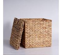 GRUGOODS Set of 2 Cube Wicker Storage Baskets Foldable Woven Storage Basket Handwoven Natural Water Hyacinth Organizer Basket Collapsible Cube Storage Bin for Bathroom Laundry Bedroom (M:11inch)