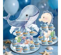 GRULLIN Under the Sea Party Decorations - 2PCS Ocean Animals Theme Cupcake Stands, Blue Whale Seahorse Dessert Holder for Birthday Baby Shower Supplies