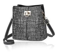 GRUMOTA Cross Body Bucket Bag for Woman,Small Two Tone Leather Crossbody Purse,Quick Open Summer Woven Shoulder Handbag, Black