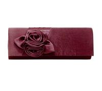 GRUMOTA Satin Evening Clutch with 3D Flower Detail, Burgundy, Small Rectangular Handbag with Chain Strap for Formal Events, Weddings