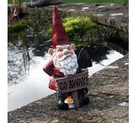 Grumps Traditional Garden Gnome with Red Hat Holding Sign Saying "Go Away!". 20 cm tall