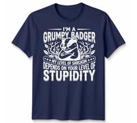 Grumpy Badger Sarcasm Animals Mens T-Shirt Womens Tee Funny Graphic Unisex Tee I Am A Grumpy Badger My Level of Sarcasm Depends On Your Level of Stupidity Witty Humor. Unisex 2XL Navy