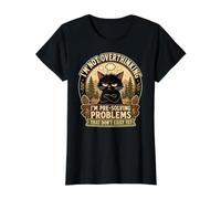 Grumpy Black Cat Overthinking Pre-Solving Problems Funny Value Graphic T-Shirt, Women, Black, XL