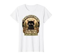 Grumpy Black Cat Overthinking Pre-Solving Problems Funny Value Graphic T-Shirt, Women, White, XL