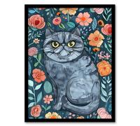 Grumpy Blue Exotic Shorthair Cat Floral Portrait Framed Wall Art Artery8 Blue W12 inch x H16 inch