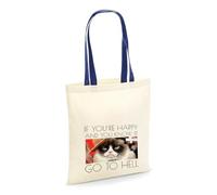 Grumpy Cat Meme, If You're Happy & You Know it Go To Hell, Tote Bag Cotton Shopping Bag. (French Navy Handle)