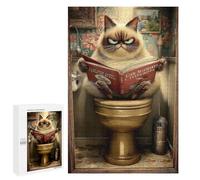 Grumpy Cat Reading Book on Toilet-1 Decorative Wooden Puzzle, 1000 PCS - New Year Gift, for Screen-Free Relaxation at Home