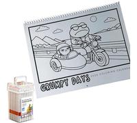 Grumpy Days - 2026 Coloring Calendar, 2026 Grumpy Frog Coloring Calendar, Stress Relief Coloring Planner with Perforated Pages,12 Months Frog Coloring Wall Calendar, with 36-Color Acrylic Markers