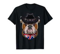Grumpy English Bulldog in Cowboy Hat and Union Jack Bandana T-Shirt