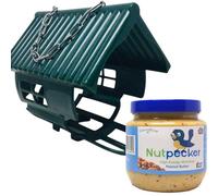 Grumpy Gardener Hanging Bird Feeder with Peanut Butter Jar 330 Grams - 1 Sets of Feeding Station & 1 Peanut Bird Food for Wild Birds, Easy-Hang Outdoor Feeder (1 House + 1 Jar) Green