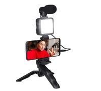 Grundig Phone Tripod with Lamp - Tripod with Microphone - LEDs with 3 Colour Settings - for Phones from 53 to 84 mm - Table Model and Selfie Stick - Plastic Material - Black