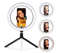 Grundig Ring Light on Tripod - Selfie Ring Light - Diameter 25 cm - 3 Light Colours - 11 Brightness Levels - Flexible Neck - Operation on Cable - USB Rechargeable - Phone Holder - Tripod - LED