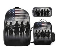 Grunge American Army Soldiers with Flag 3 Pieces Set Laptop Backpack Travel Daypack with Lunch Box Pencil Case for Men Women