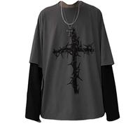 Grunge Gothic Clothes Harajuku Fashion Alt Emo Clothing Oversized Casual Long Sleeves Crewneck T-Shirt Tee Streetwear, Grey, M