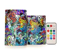 Grunge Graffiti LED Flickering Battery Pillar Candles for Christmas, Halloween, Thanksgiving Day Decors Party Decoration Set of 2