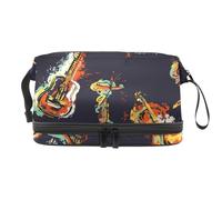 Grunge Jazz Music Guitar Piano Drum Double Layer Cosmetic Bag for Women and Girls, Travel Toiletry Bag Makeup Handy Pouch Organiser Bag with Brush Compartment
