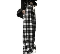Grunge Plaid Pants Women Y2K Goth Alt Baggy Pants Aesthetic Drawstring Trousers Drawstring Fairycore Emo Clothes, Black, Large