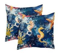 Grunge Seahorse Corals on Blue 2 Pack Square Throw Pillow Covers Decorative Soft Velvet Pillowcase for Couch Sofa Bed Car Living Room, 40x40cm