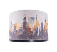 Grunge Style City Scape Cotton Fabric Lamp Shade in Black Orange and Blue | 20cm x 30cm | Inner Black Shimmer Satin Lining by Happy Homewares